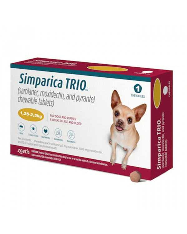 Simparica TRIO - Протипаразитарні жувальні таблетки від бліх, гельмінтів та кліщів для собак вагою від 1.25 до 2.5 кг