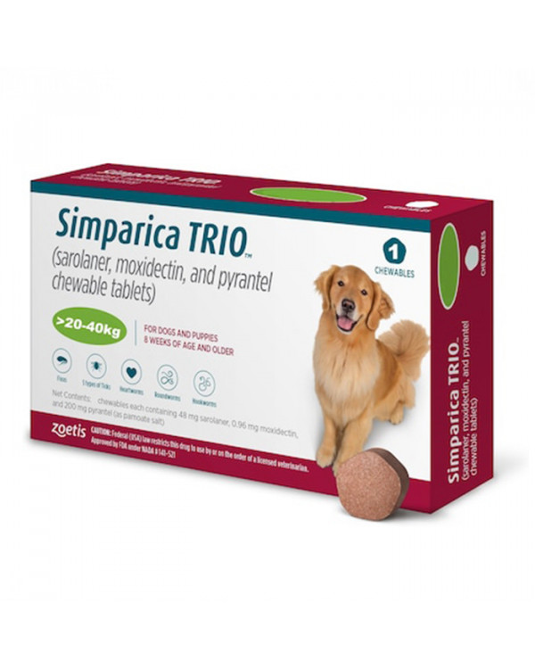 Simparica TRIO - Протипаразитарні жувальні таблетки від бліх, гельмінтів та кліщів для собак вагою від 20 до 40 кг
