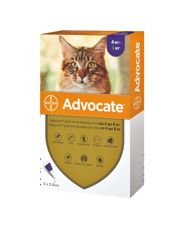 Advocate для кішок вагою 4 - 8 кг, проти бліх, кліщів і гельмінтів