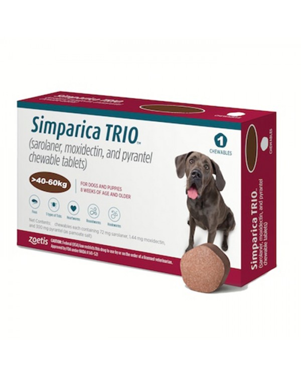 Simparica TRIO - Протипаразитарні жувальні таблетки від бліх, гельмінтів та кліщів для собак вагою від 40 до 60 кг
