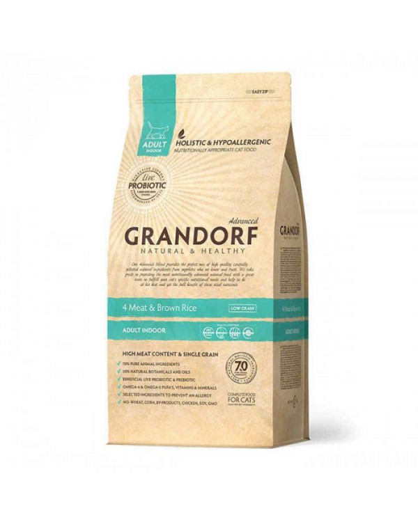 Grandorf Living Probiotics 4 Meat&Brown Rice Indoor - Грандорф Сухий корм з 4 видами м'яса та рисом для дорослих, домашніх котів
