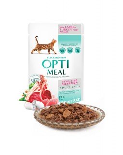 OptiMeal Беззерновий вологий корм для дорослих кішок з чутливим травленням з ягням і філе індички в соусі