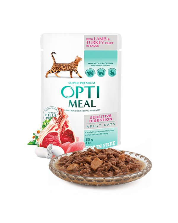 OptiMeal Беззерновий вологий корм для дорослих кішок з чутливим травленням з ягням і філе індички в соусі