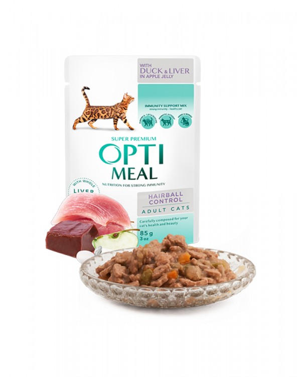 OptiMeal Вологий корм для дорослих кішок з ефектом виведення шерсті, з качкою в яблучному в желе
