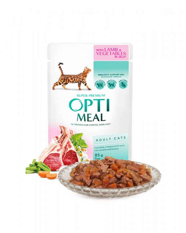 OptiMeal Вологий корм для дорослих кішок з ягням і овочами в желе