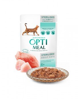 OptiMeal Вологий корм для стерилізованих кішок і кастрованих котів з індичкою і курячим філе в соусі