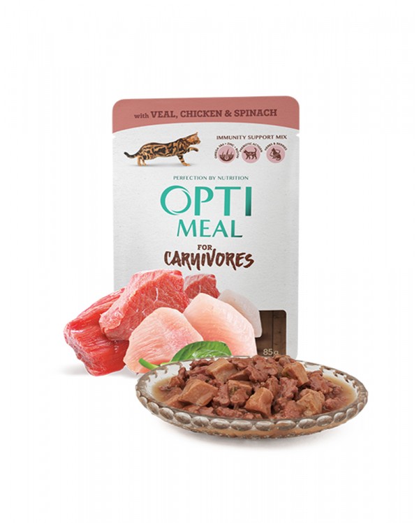 OptiMeal Беззерновий вологий корм для дорослих кішок з телятиною, курячим філе і шпинатом в соусі