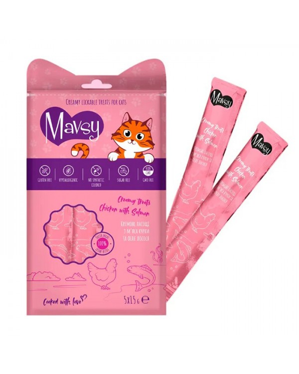 Mavsy Creamy Treats Chicken with Salmon for cats Кремові ласощі для кішок з м'яса курки та філе лосося Mavsy Creamy Treats Chicken with Salmon for cats Кремові ласощі для кішок з м'яса курки та філе лосося