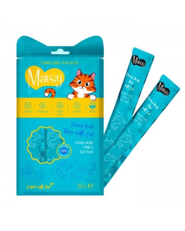 Mavsy Creamy Treats Tuna with Cod for cats Кремові ласощі для кішок з тунця та філе тріски Mavsy Creamy Treats Tuna with Cod for cats Кремові ласощі для кішок з тунця та філе тріски
