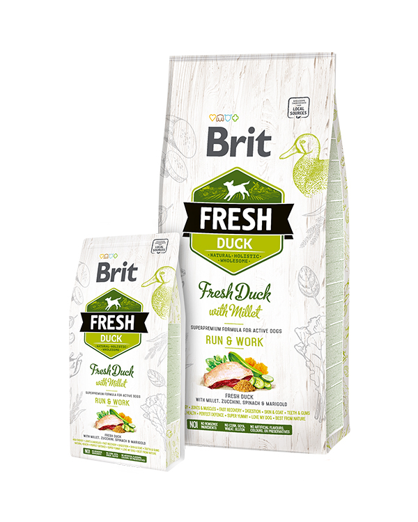 Brit Fresh Duck/Millet Active Run & Work  качка,пшоно д/дорослих собак