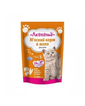 Леопольд Асорті для дорослих котів з м'ясом, печінкою та овочами в желе