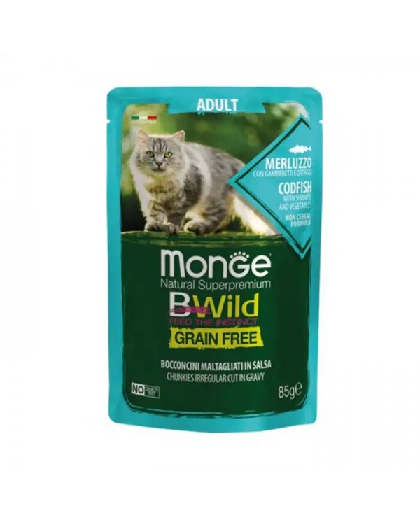 Monge Cat Wet Bwild Grain Free консерва для котів з тріскою та креветкою (шматочки в соусі)