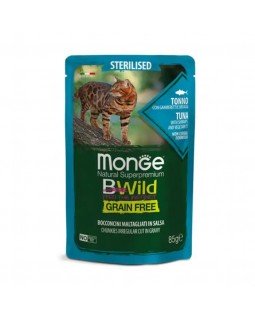 Monge Cat Wet Bwild Grain Free Sterilised консерва для стерилізованих котів з тунцем та креветкою (шматочки в соусі)