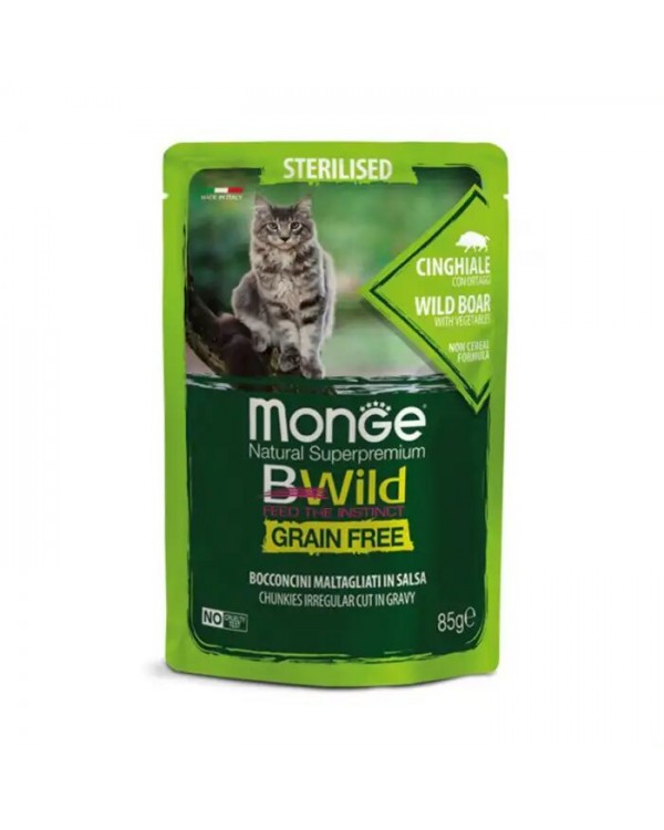 Monge Cat Wet Bwild Grain Free Sterilised консерва для стерилізованих котів з м'ясом кабана та овочами (шматочки в соусі)